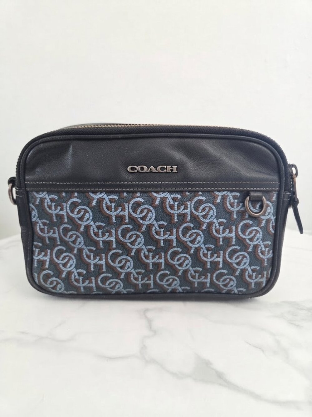 Unisex Vintage Coach Monogram Signature Crossbody Shoulder Bag Blue Black - Picture 1 of 16